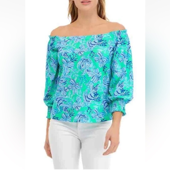 LILLY PULITZER LESSA OFF THE SHOULDER TOP, CABANA GREEN, KEEPIN IT REEL Small - Picture 1 of 13